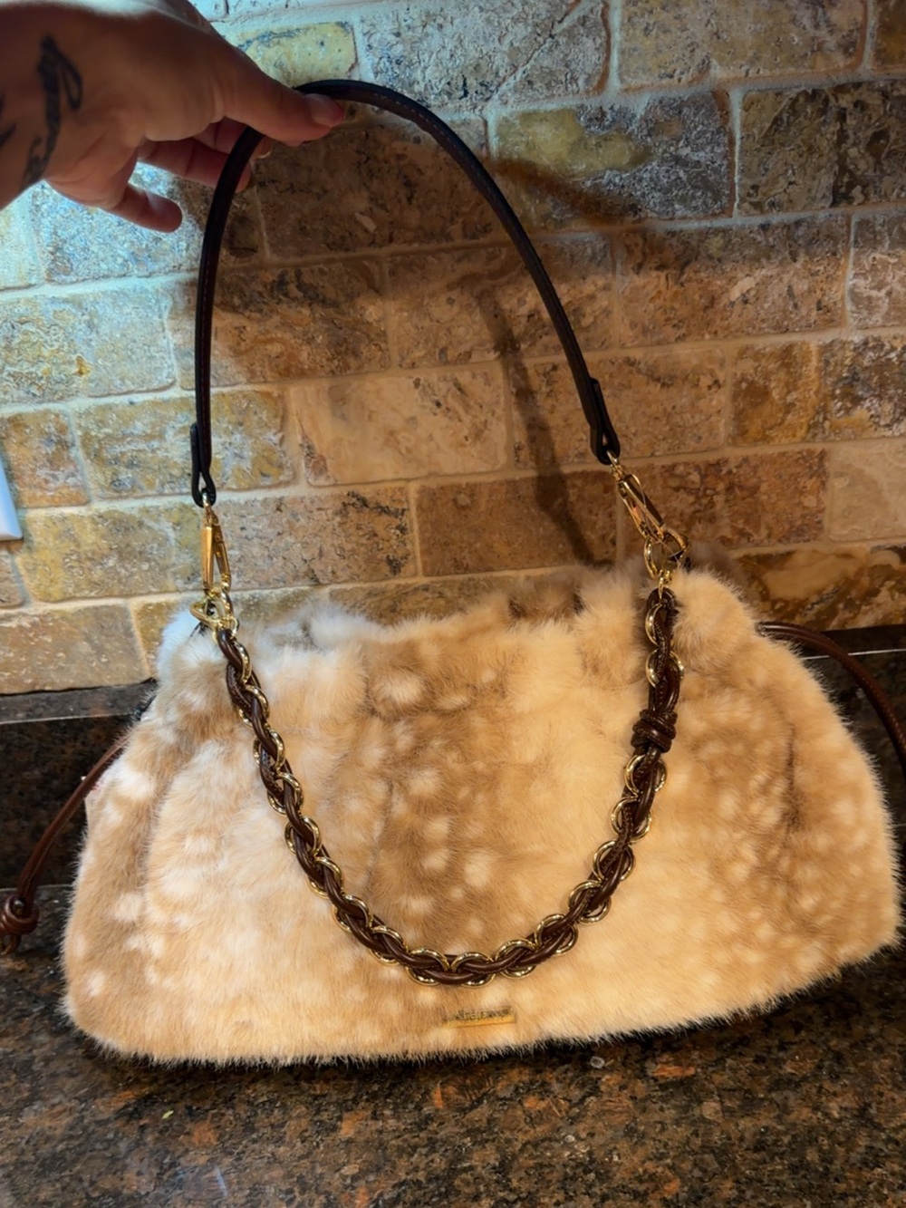 Faux-Fur Shoulder Bag in Light Beige Fawn Print with Chain Detail